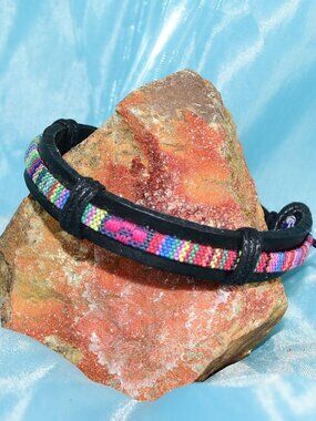Azete Tapestry Sliding Tie Bracelet Black Pink Multicolor Womens Gift Boxed